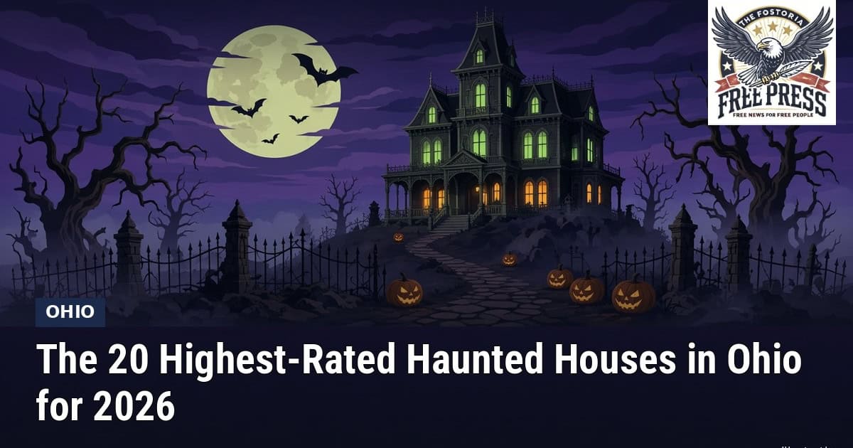 Fostoria News: Illustration of a generic spooky Victorian haunted house on a hill with jack-o-lanterns and a full moon, with headline: The 20 Highest-Rated Haunted Houses in Ohio for 2026